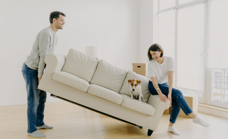 Happy couple carry modern white sofa with dog together, place furniture in living room